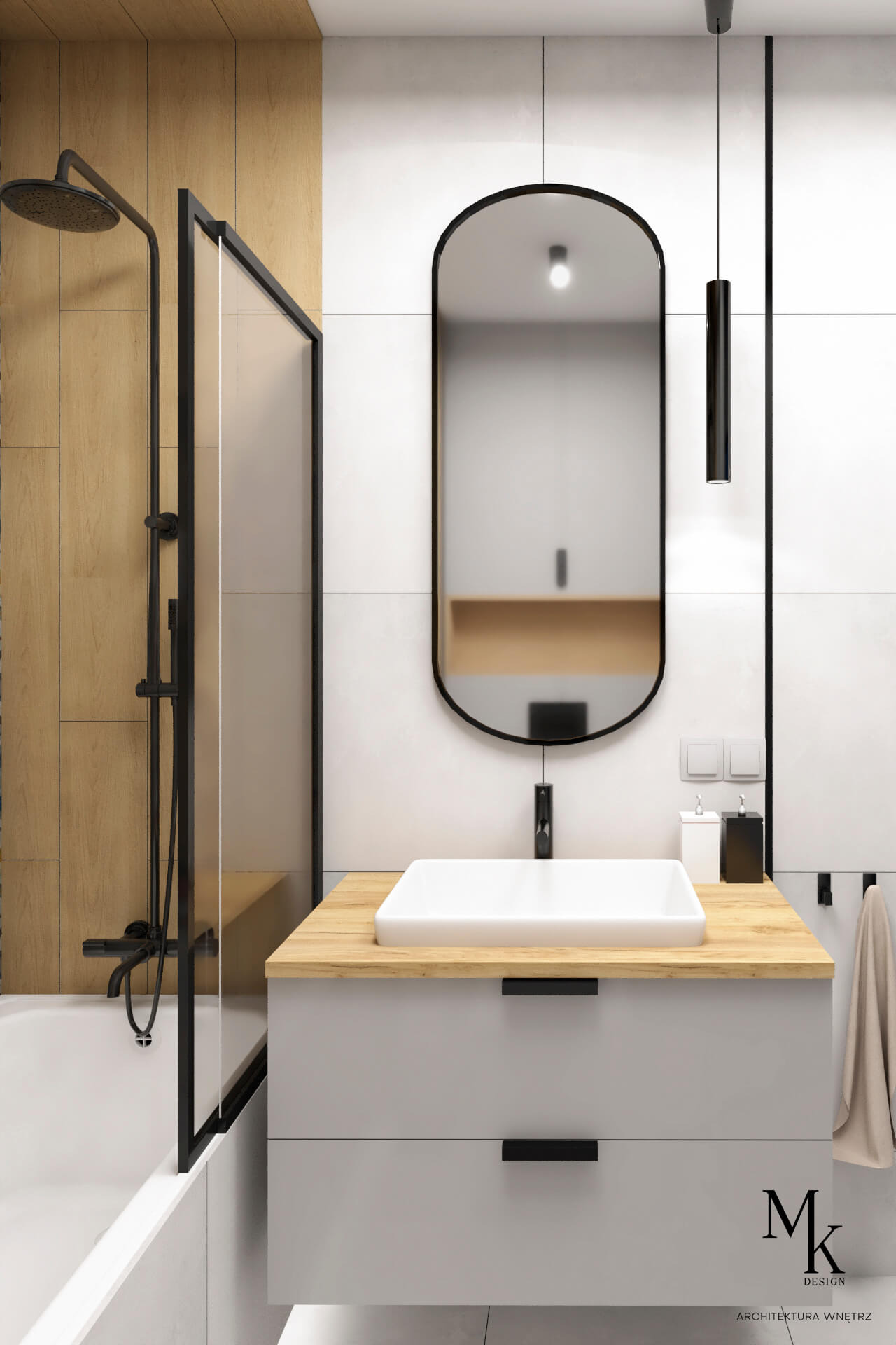 Nowoczesna łazienka z drewnianymi akcentami, czarną armaturą i owalnym lustrem, widok na kabinę prysznicową z deszczownicą.