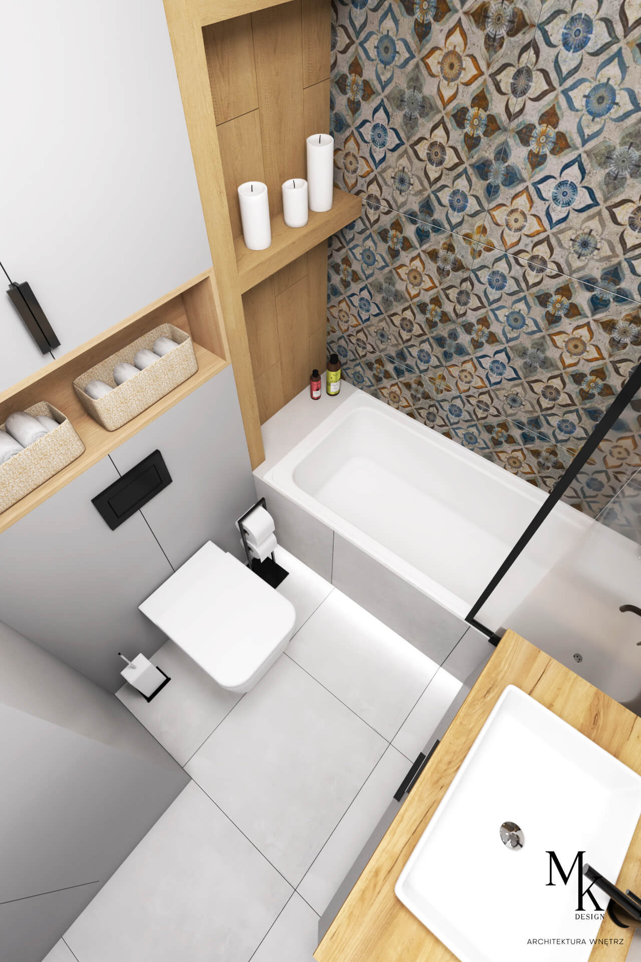 Wnętrze łazienki z geometrycznymi płytkami, białą armaturą, drewnianymi półkami i elementami dekoracyjnymi, widok z góry.