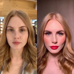 Portret kobiety przed i po profesjonalnej stylizacji: intensywna czerwona szminka, sztuczne rzęsy i konturowanie twarzy.