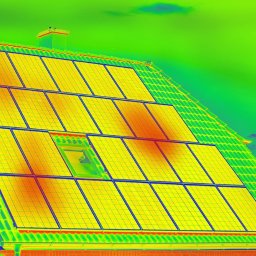 Umbra Drones - Termowizyjne zdjęcie domu z panelami słonecznymi na dachu, ukazujące rozkład temperatur w kolorach od zielonego do czerwonego.