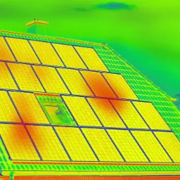 Termowizyjne zdjęcie domu z panelami słonecznymi na dachu, ukazujące rozkład temperatur w kolorach od zielonego do czerwonego.