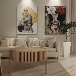 Magdalena Olejniczak Projektowanie Wnętrz - Jasny salon z sofą, okrągłym stolikiem z drewnianymi listwami, dwoma obrazami na ścianie i wysokimi, białymi zasłonami wpadającymi do pomieszczenia delikatnym światłem.