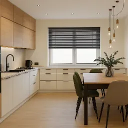 Jasna kuchnia z drewnianymi szafkami górnymi i białymi dolnymi, stół z krzesłami i dekoracjami roślinnymi. Minimalistyczny design i oświetlenie.