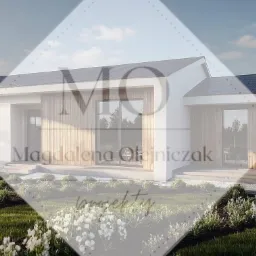 Wizualizacja parterowego domu jednorodzinnego z białymi ścianami i drewnianymi akcentami, otoczonego zielonym ogrodem. Nowoczesna architektura z dużymi przeszkleniami.