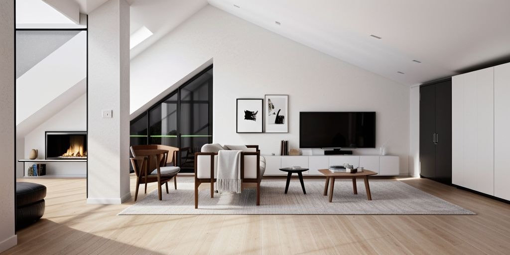 Jasne, przestronne wnętrze salonu na poddaszu z drewnianą podłogą, kominkiem z płomieniami za szybą, minimalistycznymi meblami i dużym oknem dachowym w kształcie trapezu.