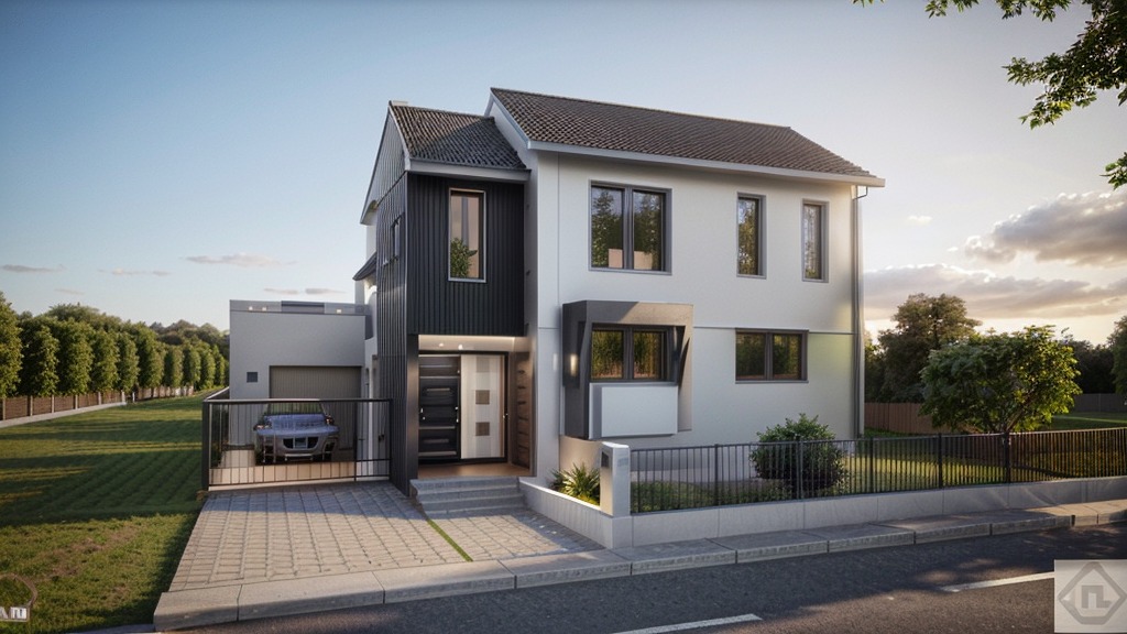 Wizualizacja dwukondygnacyjnego domu z garażem, z czarno-białą elewacją, nowoczesną stolarką okienną i zadbanym otoczeniem, w tle linia drzew wzdłuż ogrodzenia.