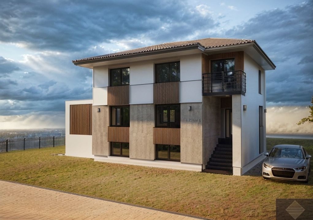 Dwukondygnacyjny dom z płaskim dachem i balkonem, elewacja z betonu architektonicznego i drewnianych paneli, nowoczesny samochód zaparkowany obok.