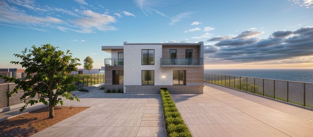 Dwukondygnacyjny dom z płaskim dachem, elewacją w odcieniach bieli i drewna, z balkonami z przezroczystymi barierkami, otoczony betonowym podjazdem i zielenią, z widokiem na morze w tle.