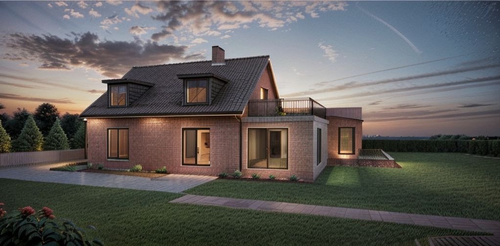 Wizualizacja zewnętrzna domu z czerwonej cegły z balkonem na dachu i oknami z czarnymi ramami, otoczona zielonym trawnikiem i drzewami o zmierzchu.