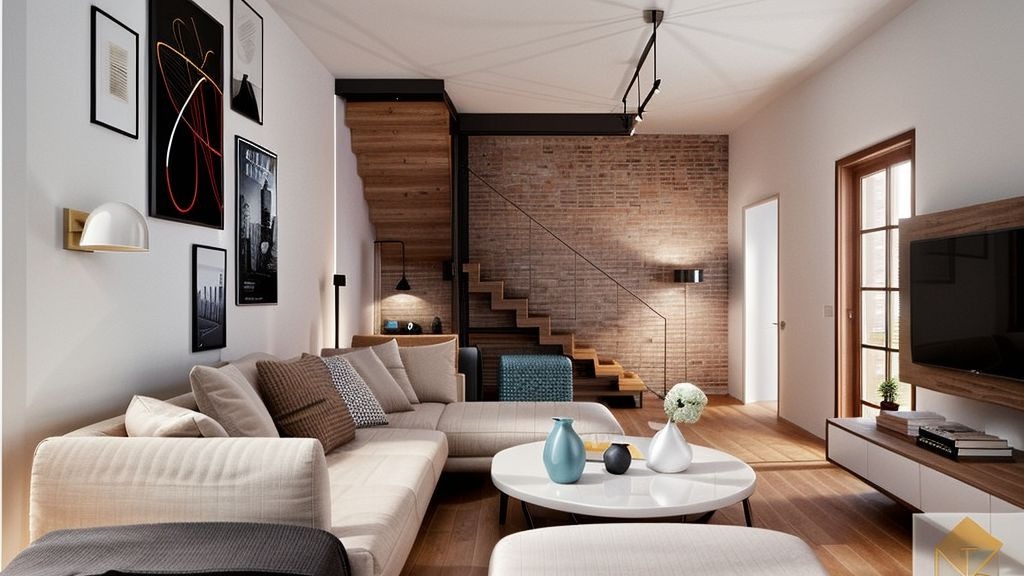 Jasny salon z beżową sofą, drewnianymi schodami z ceglaną ścianą w tle, okrągłym białym stolikiem kawowym z wazonami oraz galerią obrazów na ścianie.