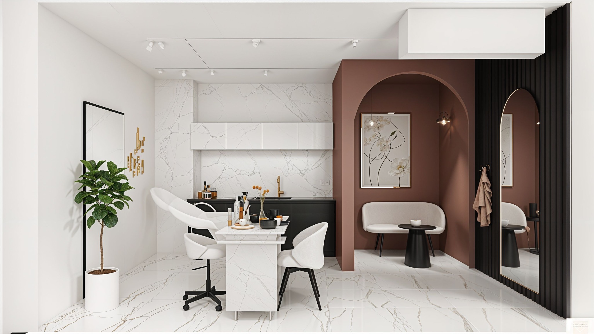 Nowoczesne wnętrze salonu kosmetycznego z marmurową posadzką i ścianą, białymi meblami i elementami w kolorze terakoty, z widocznym fotelem do zabiegów, stołem i lustrem.