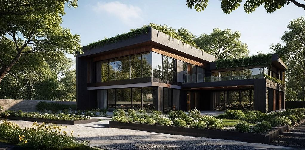 Nowoczesny dom z płaskim dachem porośniętym zielenią, duże okna od podłogi do sufitu i minimalistyczny ogród z geometrycznymi rabatami.