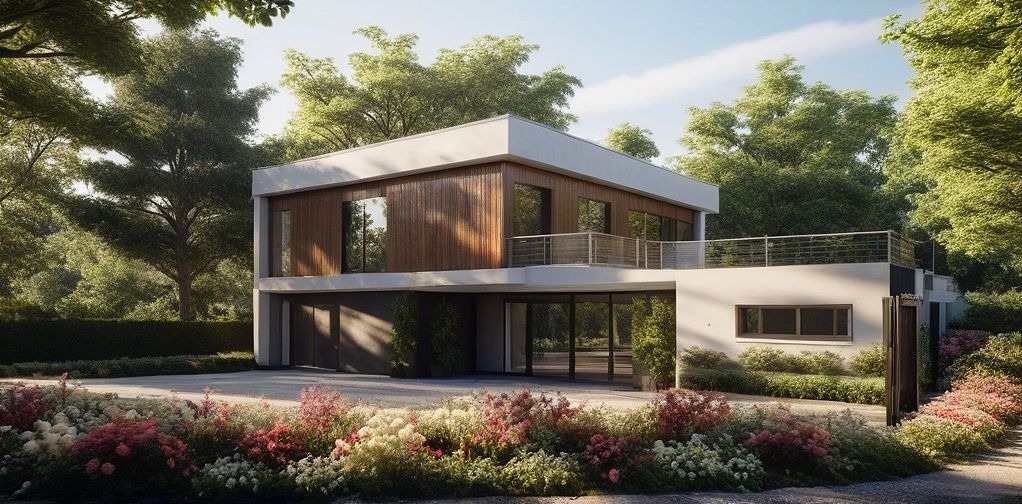 Dwukondygnacyjny dom z płaskim dachem, elewacją z drewna i białego tynku, balkonem z metalową balustradą, otoczony zielenią i rabatami kwiatowymi w odcieniach różu i bieli.