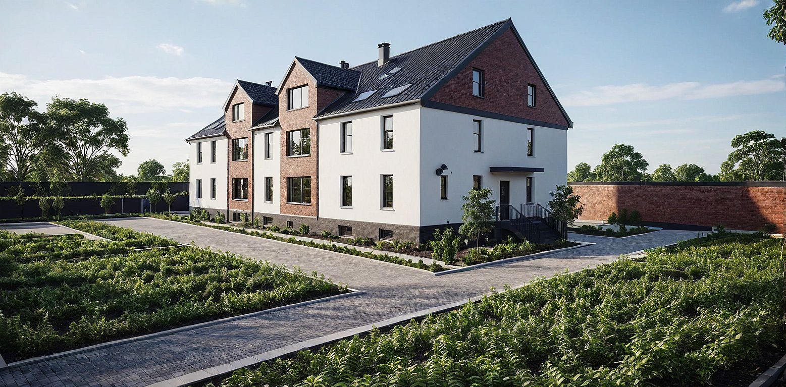Nowoczesny budynek mieszkalny z białymi ścianami i ceglanymi elementami, otoczony zadbanym ogrodem z brukowanymi ścieżkami, widok z perspektywy ogrodu w słoneczny dzień.