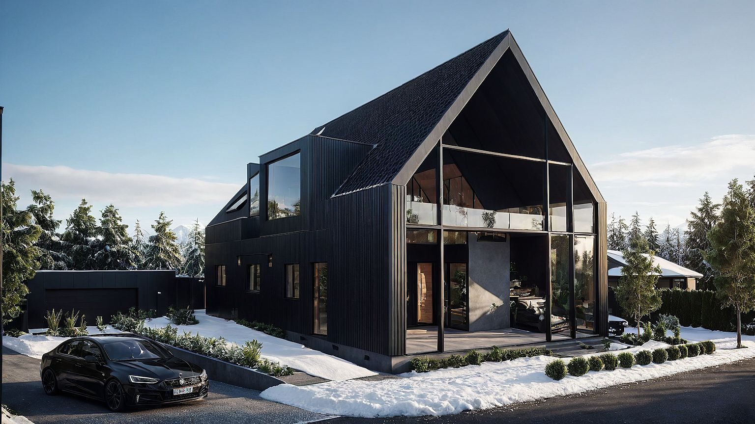 Czarny, nowoczesny dom z dużymi przeszkleniami w zimowej scenerii. Widoczny samochód na podjeździe i ośnieżone drzewa w tle.