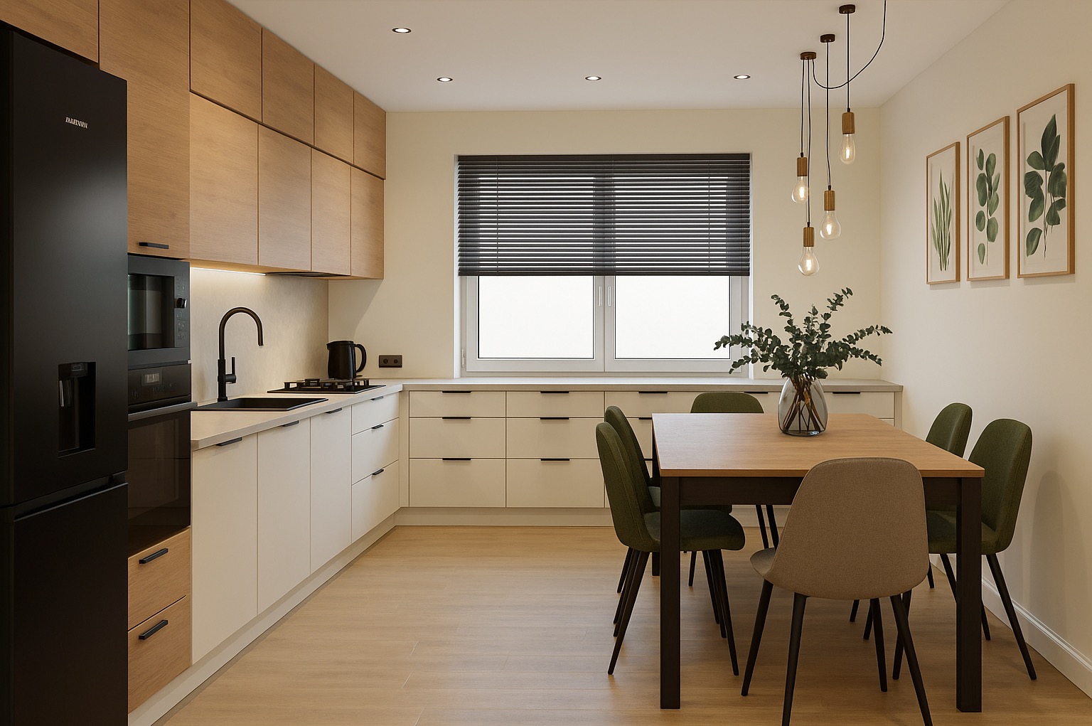 Jasna kuchnia z drewnianymi szafkami górnymi i białymi dolnymi, stół z krzesłami i dekoracjami roślinnymi. Minimalistyczny design i oświetlenie.