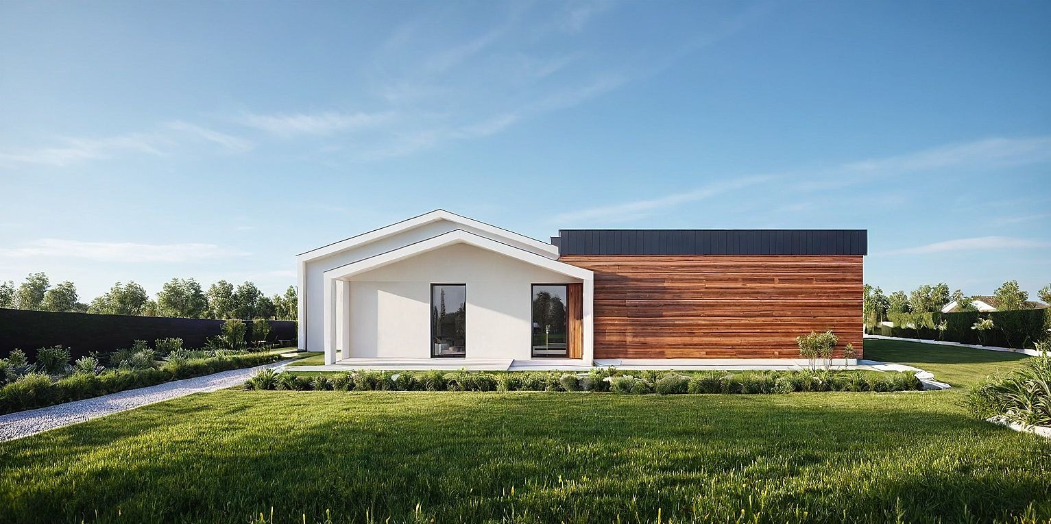 Nowoczesny dom jednorodzinny z drewnianą elewacją i białym frontem, otoczony zielonym trawnikiem i niskimi krzewami, w słoneczny dzień.