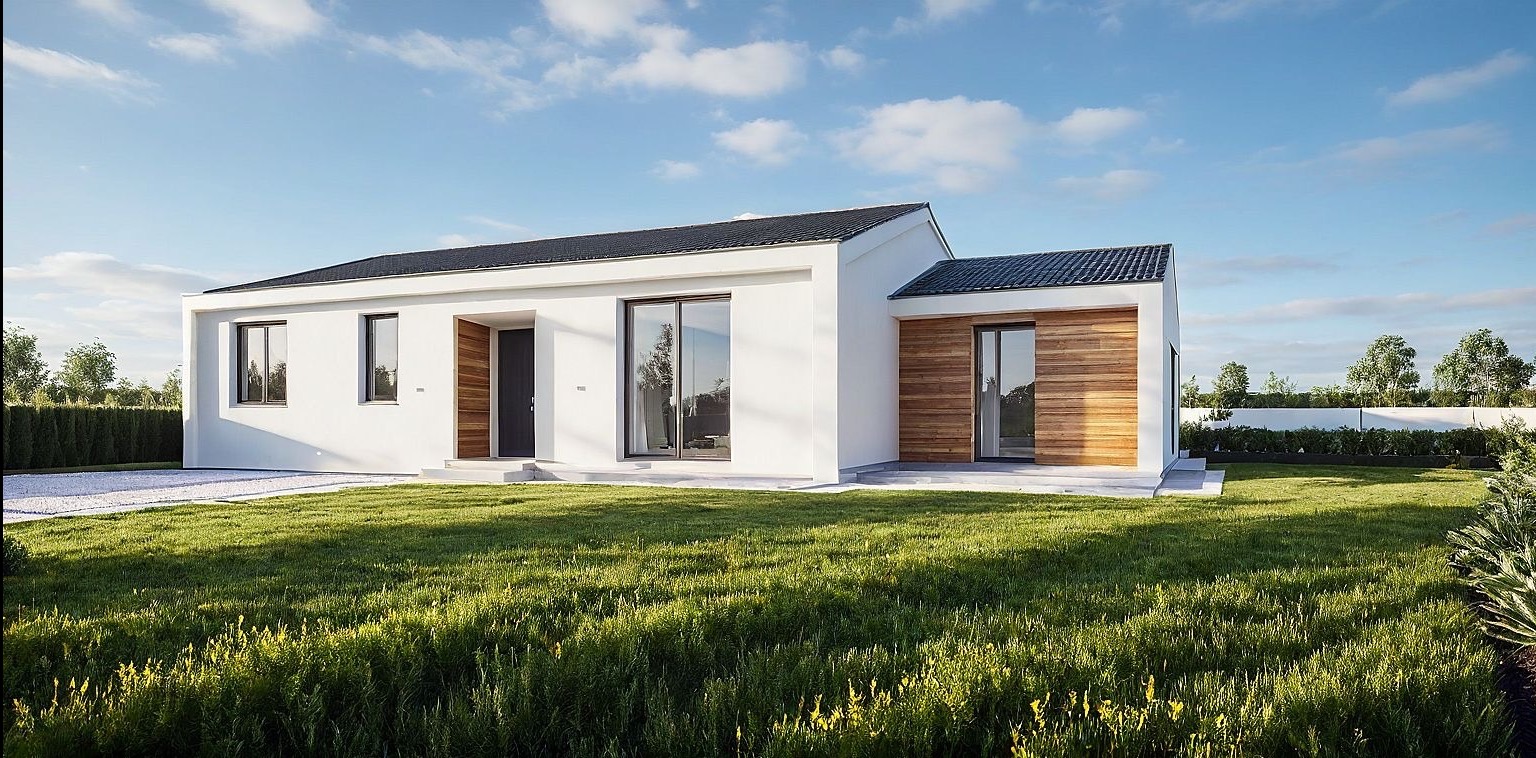 Nowoczesny, parterowy dom z białymi ścianami i drewnianą elewacją, otoczony zielonym trawnikiem pod błękitnym niebem z delikatnymi chmurami. Minimalistyczny design.