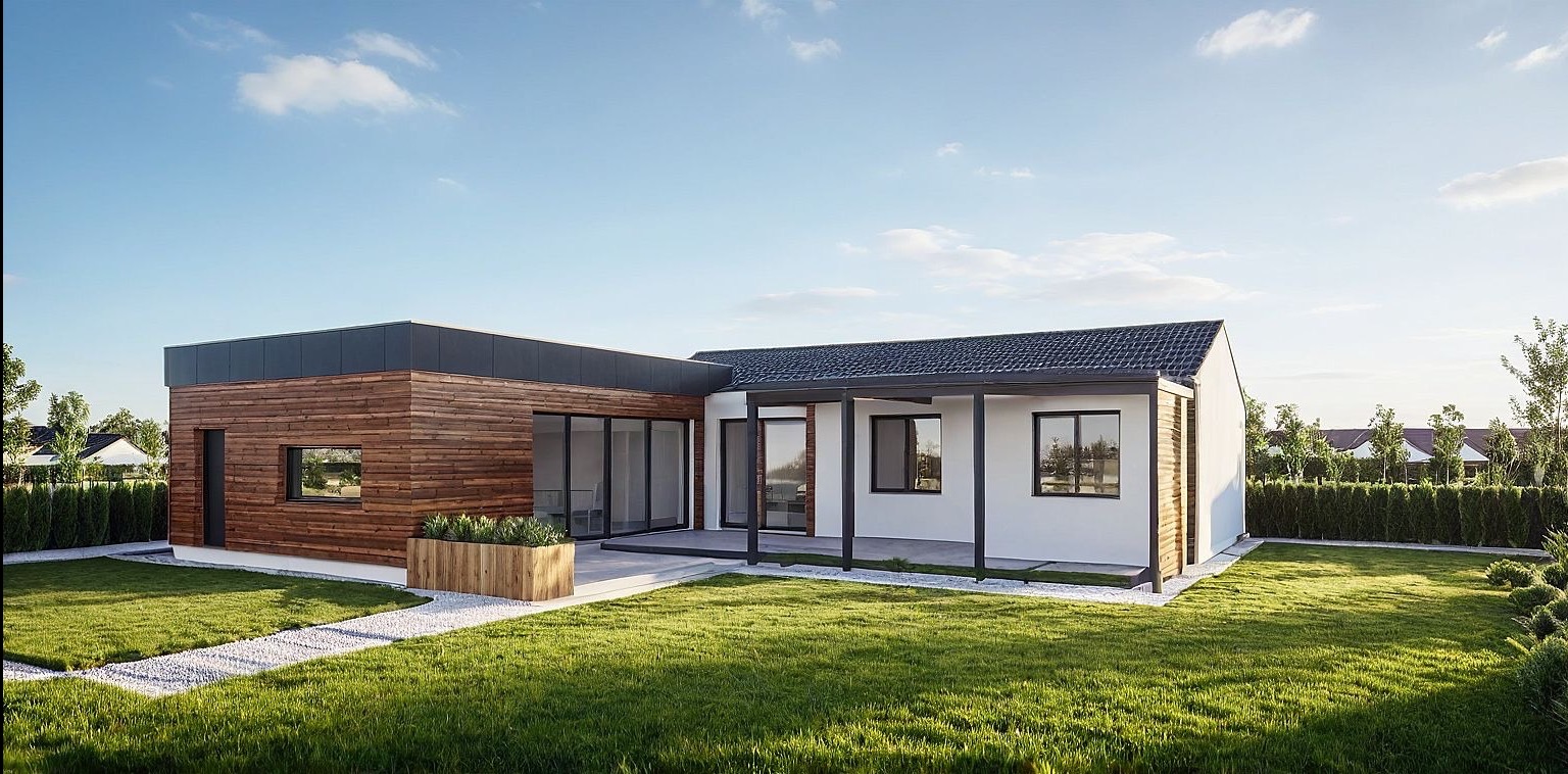 Nowoczesny parterowy dom z drewnianą elewacją i dużymi przeszkleniami, otoczony zielonym trawnikiem i ścieżką z białego żwiru w słoneczny dzień.