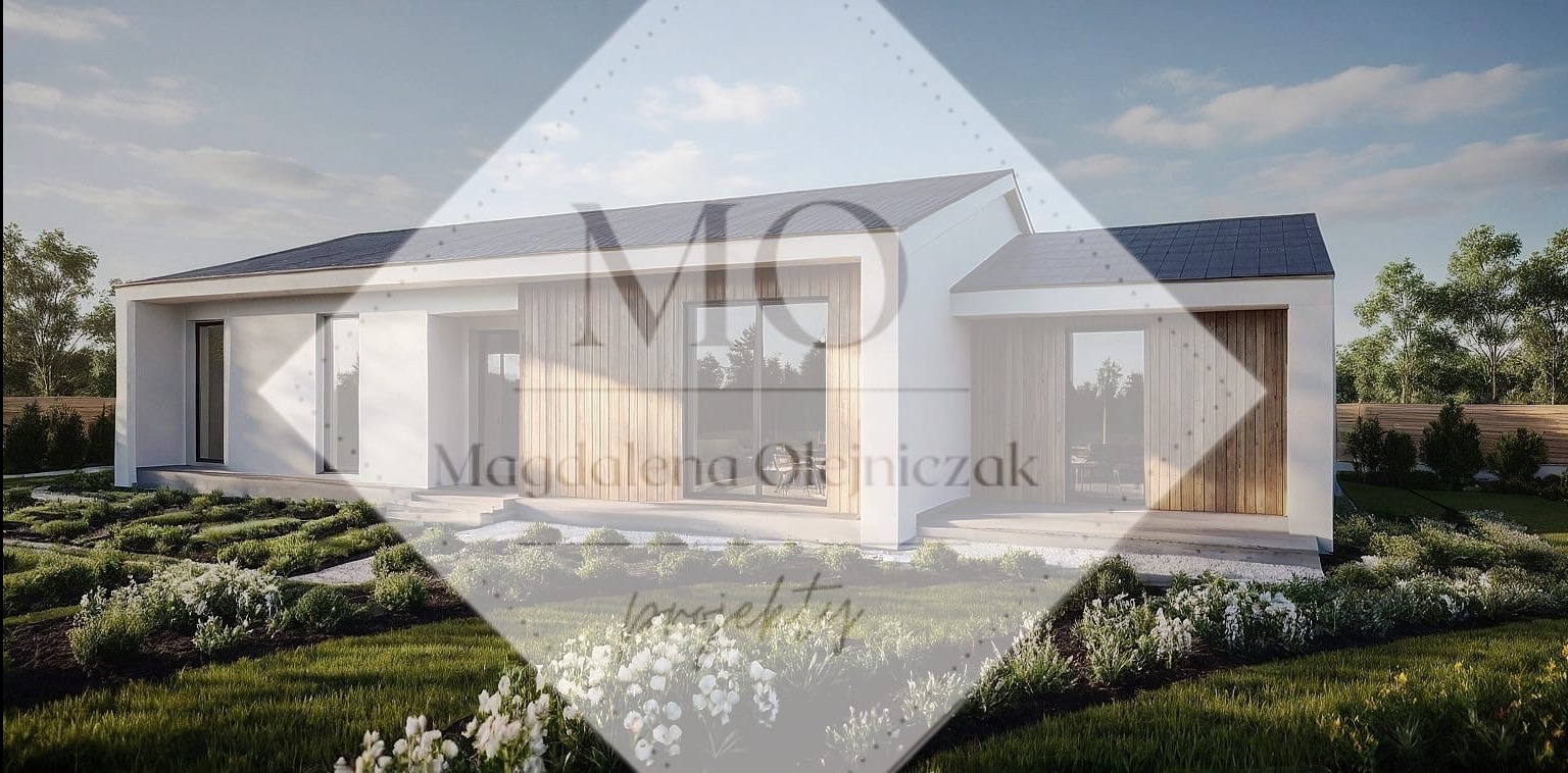 Wizualizacja parterowego domu jednorodzinnego z białymi ścianami i drewnianymi akcentami, otoczonego zielonym ogrodem. Nowoczesna architektura z dużymi przeszkleniami.