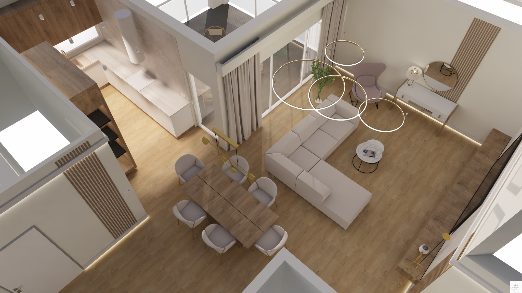 Widok z góry na przestronne mieszkanie z otwartą kuchnią, jadalnią z drewnianym stołem i krzesłami na złotych nogach, oraz salonem z narożną sofą i okrągłym stolikiem kawowym, oświetlonym trzema...