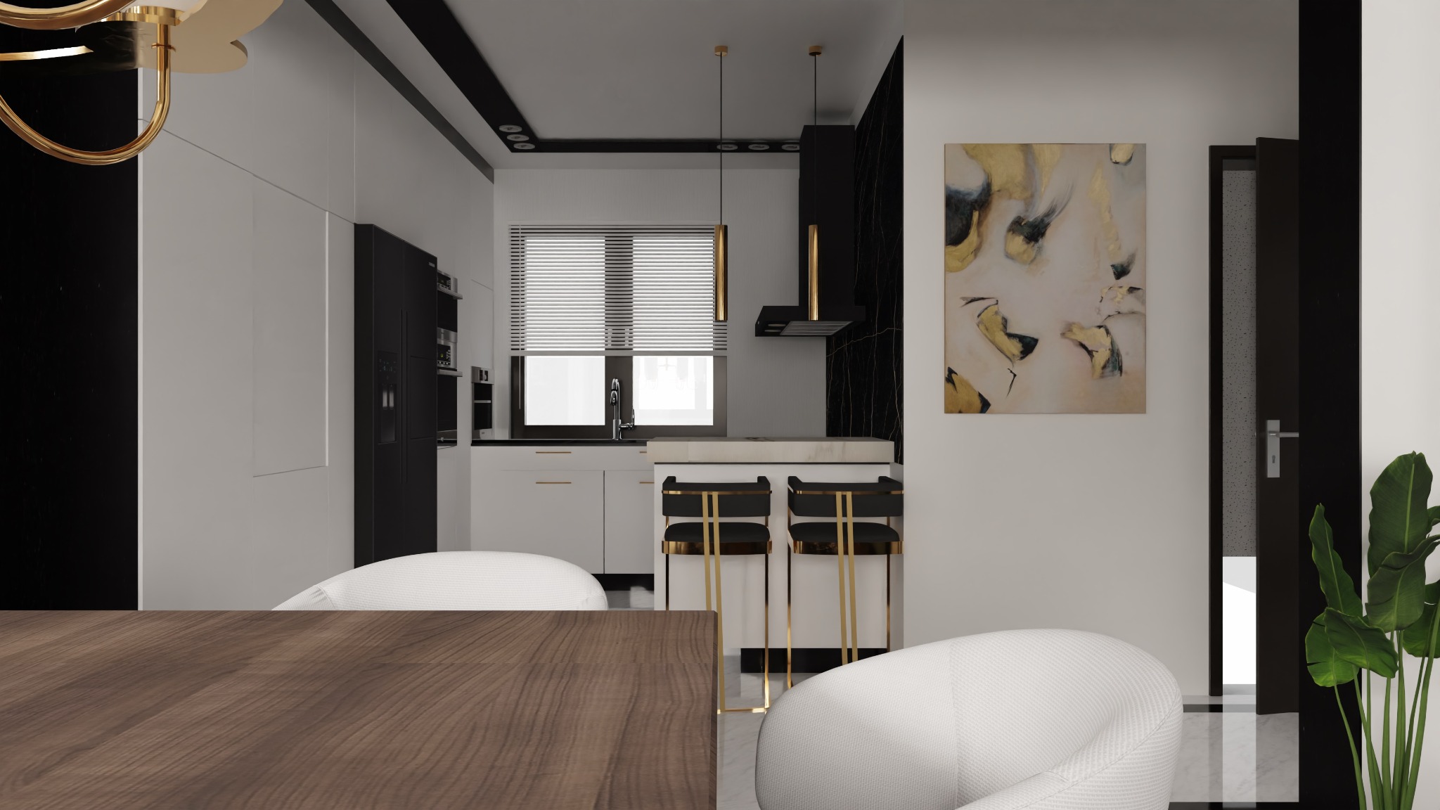 Wnętrze nowoczesnej kuchni z wyspą i hokerami, widok z perspektywy stołu jadalnego, z abstrakcyjnym obrazem na ścianie i rośliną doniczkową przy drzwiach.