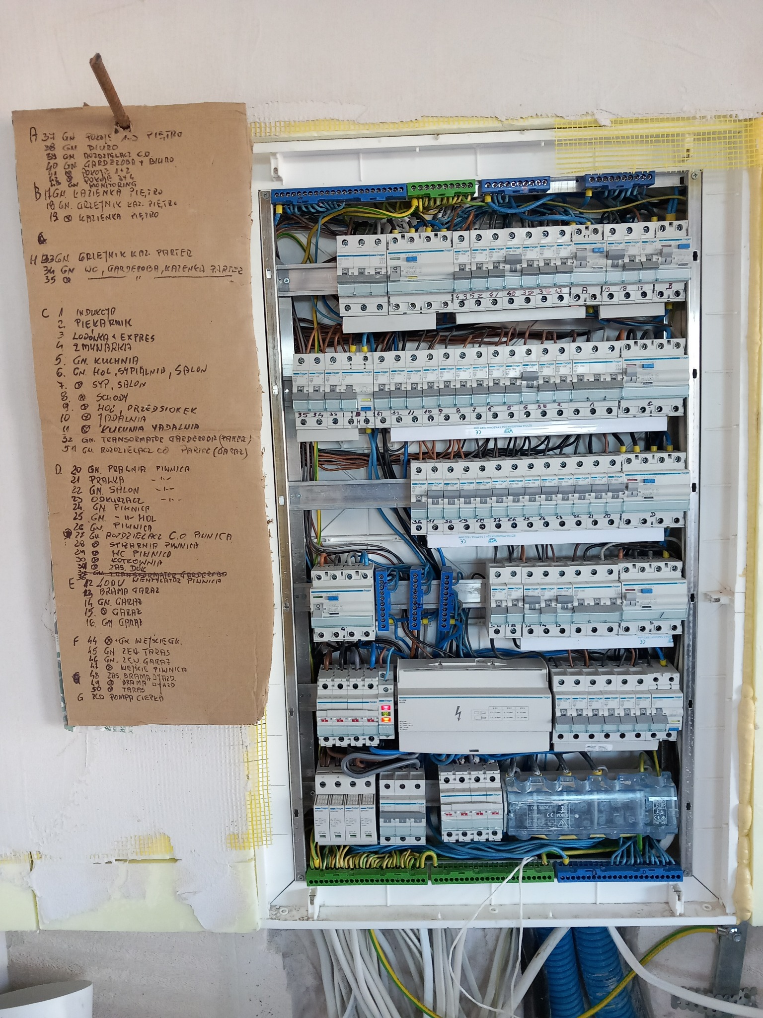 Otwarta skrzynka rozdzielcza z widocznymi bezpiecznikami, przewodami i listwą zaciskową; obok kartka z odręcznymi notatkami, prawdopodobnie schemat instalacji.