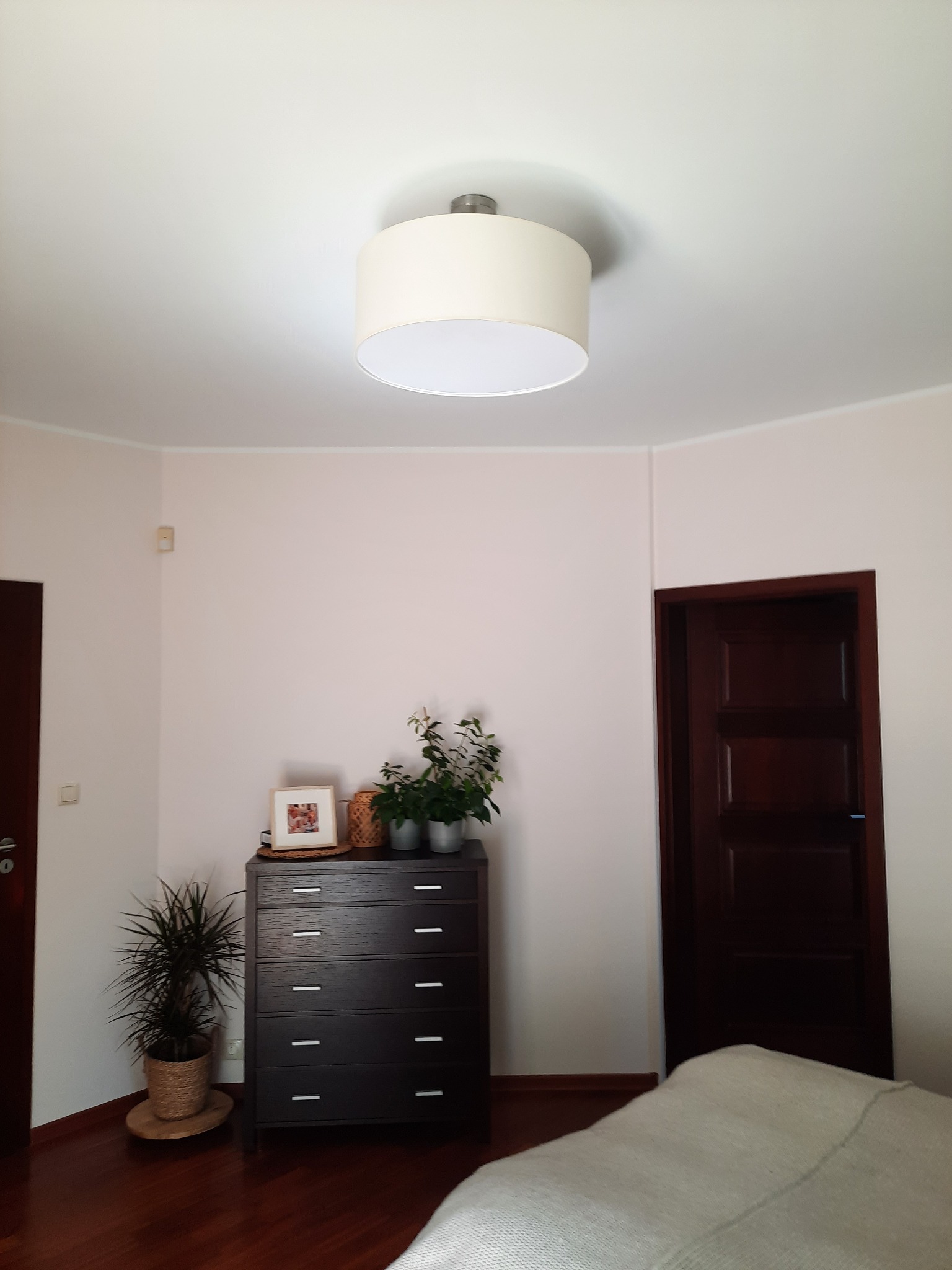 Jasne wnętrze pokoju z kremowymi ścianami, drewnianą podłogą, ciemnymi drzwiami, komodą i roślinami; sufit z okrągłą lampą.
