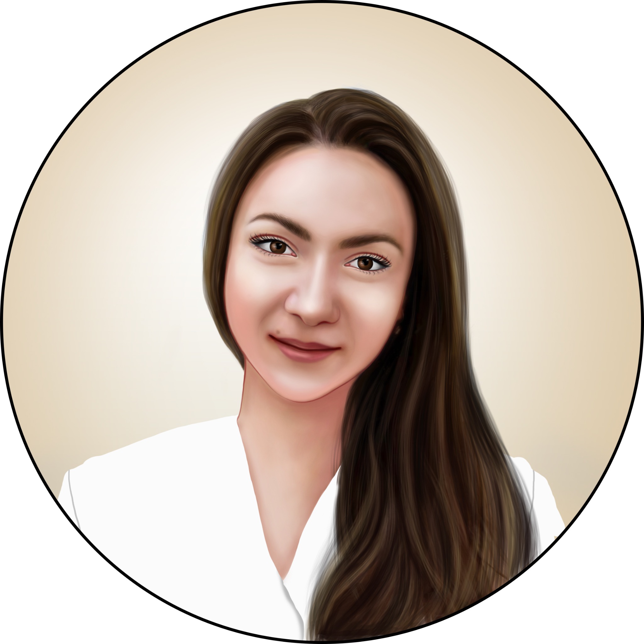 Cyfrowy portret uśmiechniętej kobiety z długimi, brązowymi włosami, ubrana w białą bluzkę, umieszczony w okręgu na kremowym tle.
