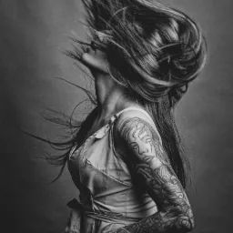 Czarno-białe, artystyczne zdjęcie kobiety z tatuażami, odchylającej głowę do tyłu, z rozwianymi włosami na szarym tle, wykonane przez fotografa ze Skrzyszowa.