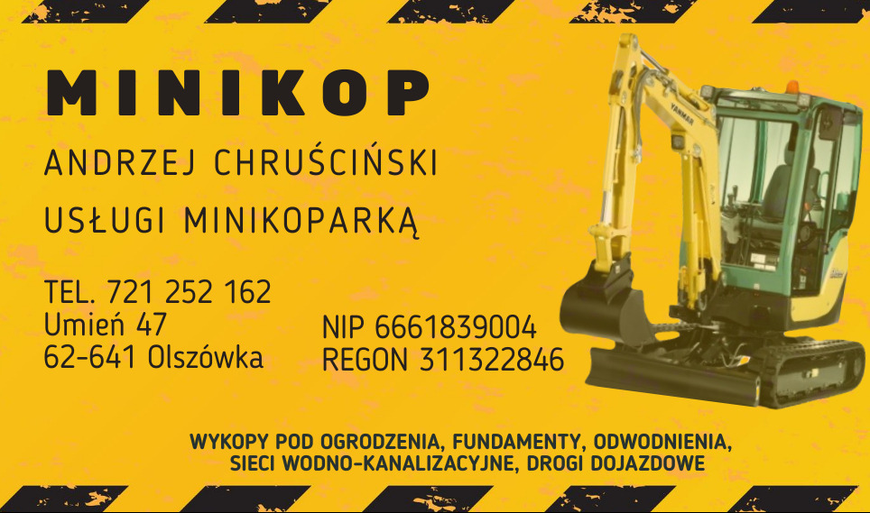 Grafika reklamowa z minikoparką marki Yanmar, danymi kontaktowymi firmy Andrzej Chruściński Usługi Minikoparką oraz informacją o wykonywaniu wykopów pod ogrodzenia, fundamenty, odwodnienia i sieci...