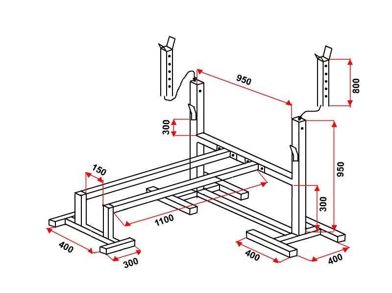 Schemat techniczny metalowej konstrukcji z wymiarami, prawdopodobnie stojaka lub ramy, przedstawiony w perspektywie izometrycznej.