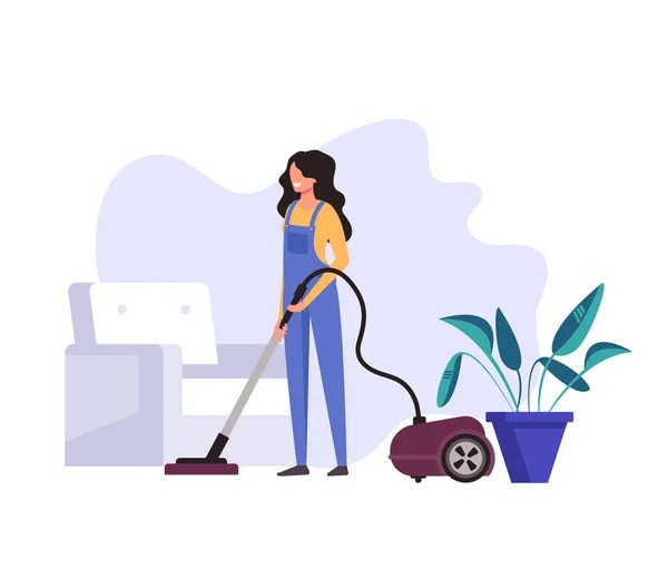 Ilustracja: kobieta w kombinezonie odkurza dywan odkurzaczem obok sofy i rośliny doniczkowej. Minimalistyczny styl, jasne tło.