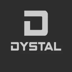 Logo firmy Dystal na ciemnoszarym tle, przedstawiające stylizowaną literę D oraz nazwę firmy napisaną nowoczesną czcionką.