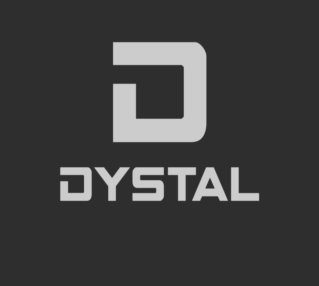 Logo firmy Dystal na ciemnoszarym tle, przedstawiające stylizowaną literę D oraz nazwę firmy napisaną nowoczesną czcionką.