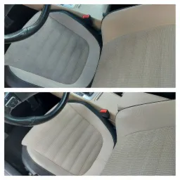 Porównanie fotela samochodowego przed i po czyszczeniu tapicerki, widoczne różnice w kolorze i usunięte zabrudzenia.