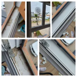 Okno z widocznym brudem w szczelinach, przed i po czyszczeniu, z zewnątrz widoczny krajobraz z domami i dekoracją okienną w postaci łapacza snów.