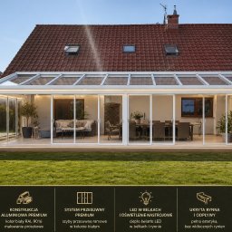 Elitegarden - Nowoczesna, przeszklona zabudowa tarasu z białymi ramami aluminiowymi i przesuwnymi drzwiami, widok z zewnątrz na zadbany trawnik i dom z czerwonym dachem.