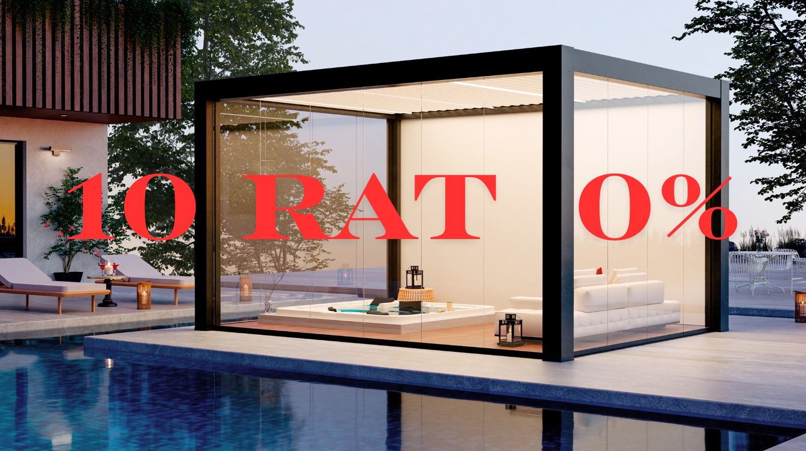Nowoczesna pergola metalowa z jacuzzi, widoczna z perspektywy basenu. Na szklanych ścianach czerwony napis: 10 RAT 0%.
