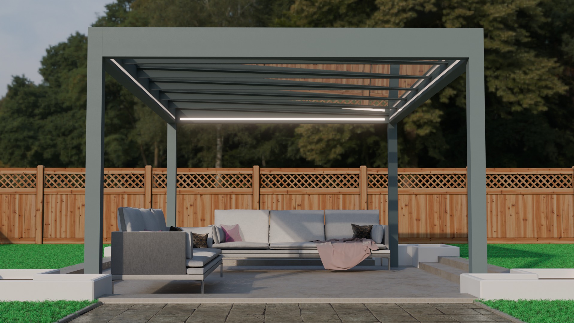Nowoczesna pergola metalowa z oświetleniem LED, szara konstrukcja, jasne meble ogrodowe, drewniany płot w tle, trawnik. Minimalistyczny design.