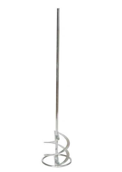 Metalowe mieszadło do zapraw i klejów z długim trzpieniem, widok z boku na białym tle.