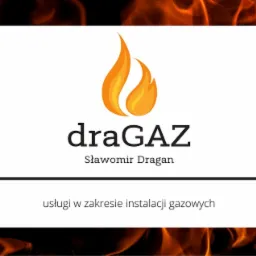 Logo firmy draGAZ Sławomir Dragan, świadczącej usługi w zakresie instalacji gazowych, z symbolem płomienia na tle płomieni.