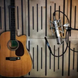 Akustyczna gitara z kapodasterem na gryfie i mikrofon pojemnościowy zawieszony na statywie, na tle panelu akustycznego z pionowymi szczelinami.