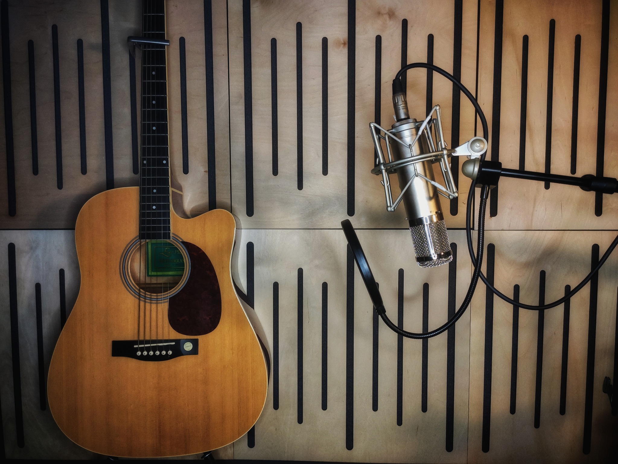 Akustyczna gitara z kapodasterem na gryfie i mikrofon pojemnościowy zawieszony na statywie, na tle panelu akustycznego z pionowymi szczelinami.