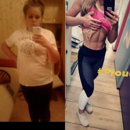 Weronika Jamrozińska - Kolaż przedstawiający metamorfozę sylwetki kobiety: po lewej stronie zdjęcie przed, po prawej - po, widoczne wyrzeźbione mięśnie brzucha.