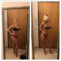 Weronika Jamrozińska - Kobieta w bieliźnie i bikini prezentuje efekty ćwiczeń, widoczne porównanie sylwetki przed i po, sfotografowane w lustrze.