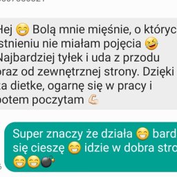Weronika Jamrozińska - Zrzut ekranu konwersacji SMS: klientka dziękuje za dietę, informując o bólu mięśni po treningu, co jest interpretowane jako pozytywny efekt działania diety.