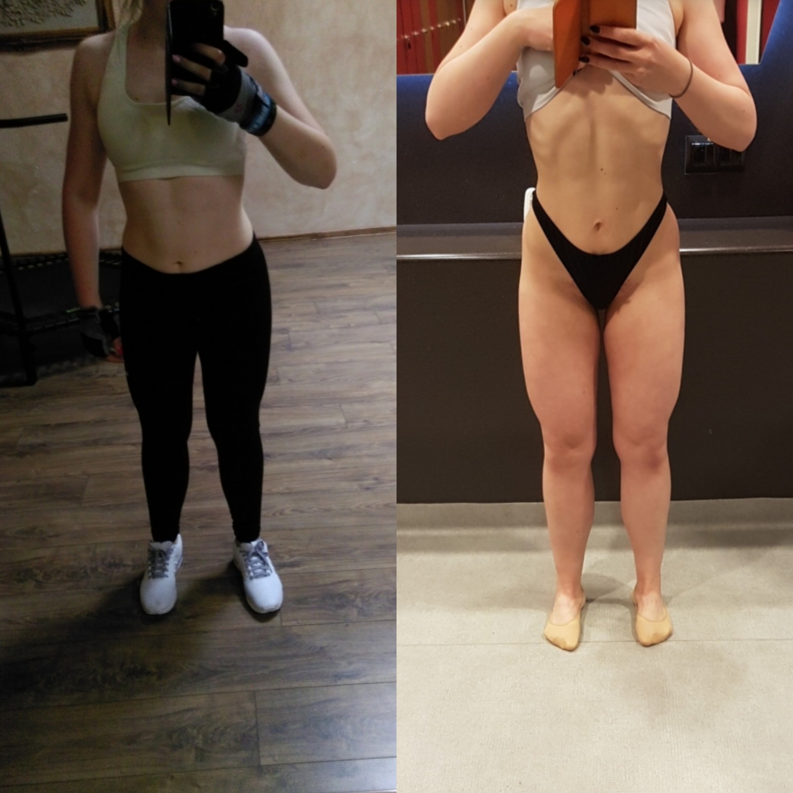 Zdjęcie porównawcze sylwetki kobiety przed i po treningu, widoczne zmiany w budowie mięśni i redukcji tkanki tłuszczowej.