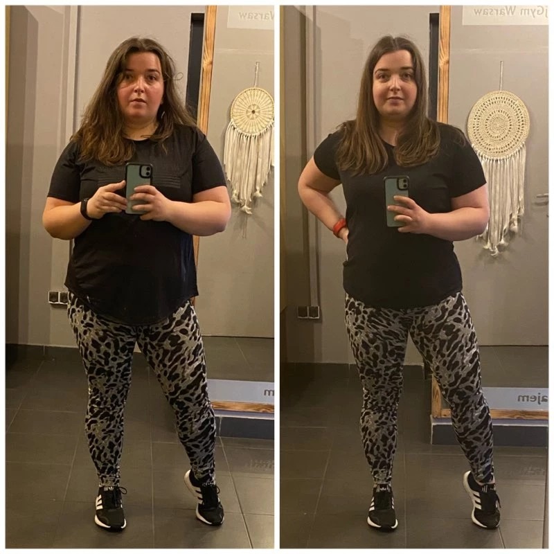 Kobieta w czarnej koszulce i legginsach w panterkę, pozująca do zdjęcia przed i po treningu w siłowni, widoczne zmiany w sylwetce i postawie.