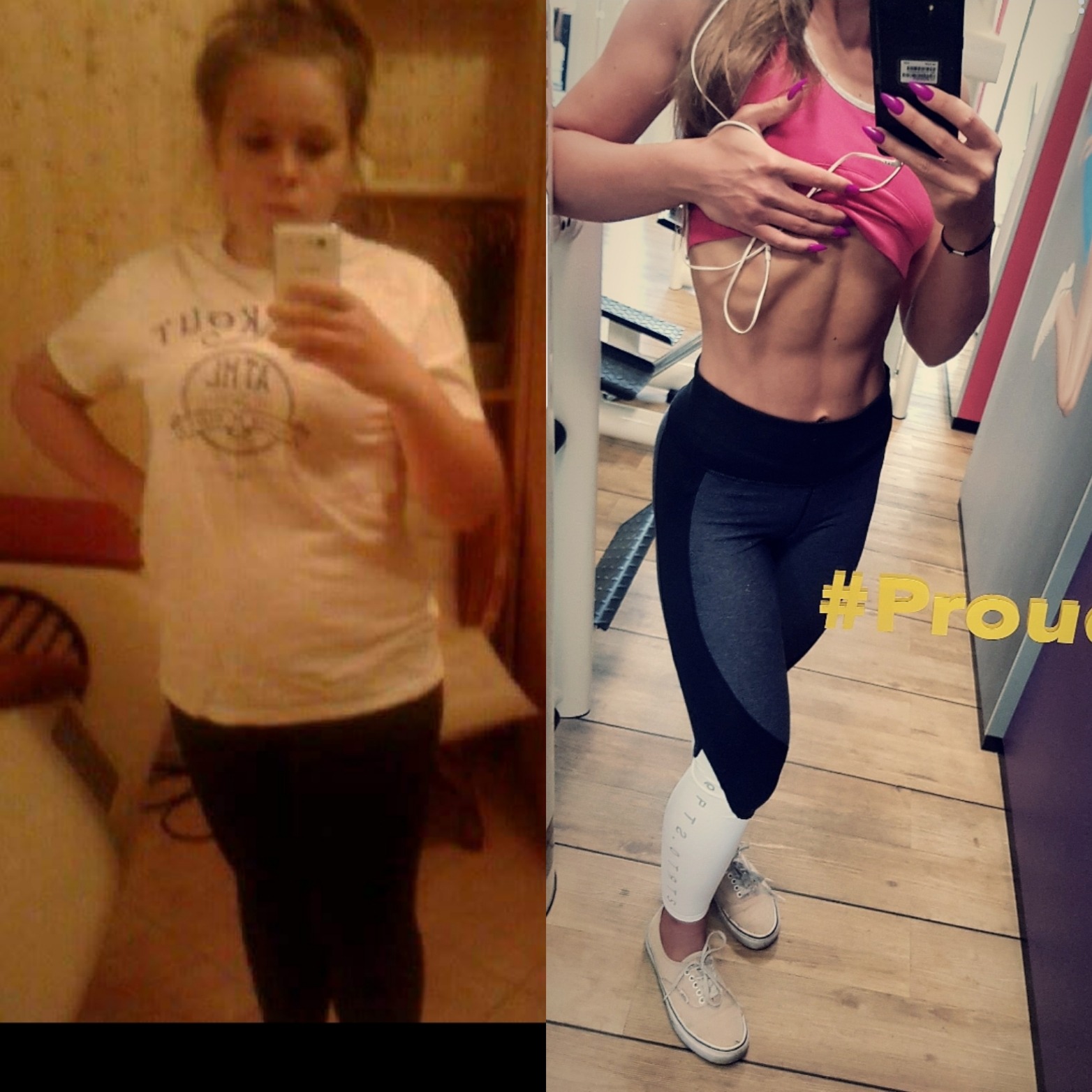 Kolaż przedstawiający metamorfozę sylwetki kobiety: po lewej stronie zdjęcie przed, po prawej - po, widoczne wyrzeźbione mięśnie brzucha.